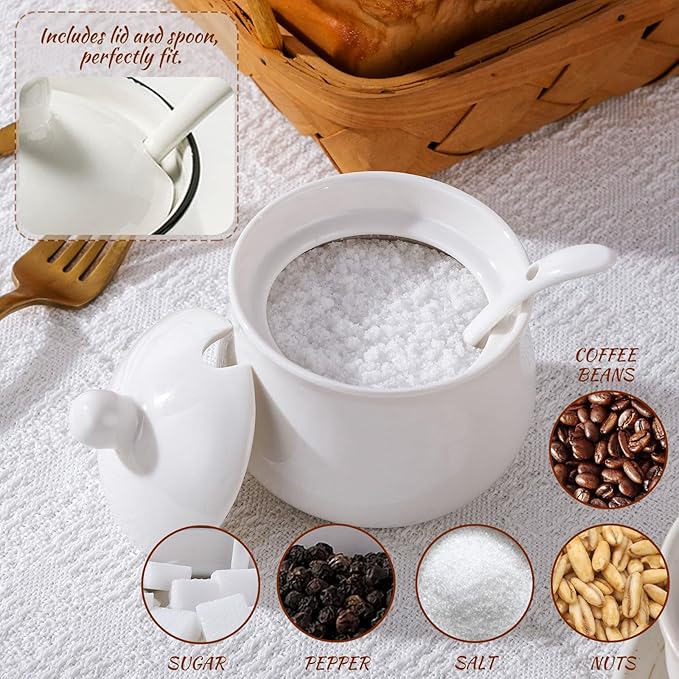7oz Farmhouse White Ceramic Sugar Bowl with Lid and Spoon Salt Container Jar for Coffee Table Porcelain Condiment Pot for Seasoning