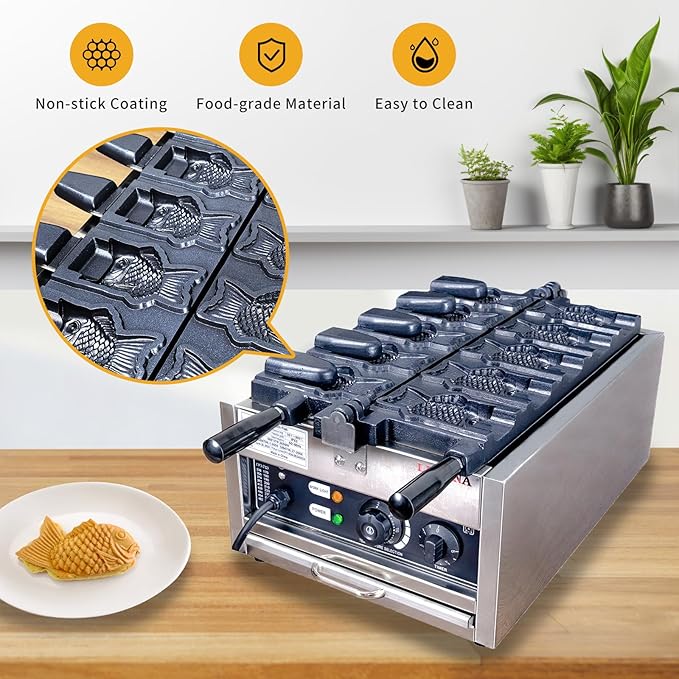 Taiyaki Fish Waffle Maker 110V/Commercial Use Jam or Ice Cream Waffle Maker/Stainless Steel 5 Big Open-Mouth Fish Non-Stick Teflon Coating Taiyaki Maker/50-300℃/122-572℉ Adjustable