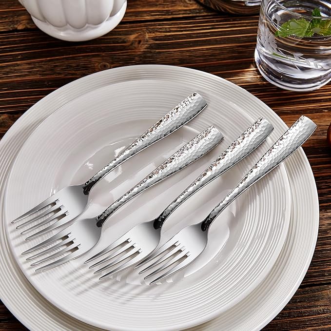 KEAWELL Premium 4-Piece 7.6" Louis Hammered Salad Fork Set, 18/10 Stainless Steel, Squared Edge with Smooth Rounded Edges for Comfort, Dishwasher Safe (4, 7.6" Salad Fork)