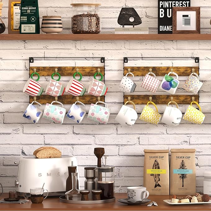 Wall Mount Coffee Mug Holder - Rustic Wood and Iron, Holds Up to 24 Mugs (3Pack) for Kitchen, Home, Coffee Bar