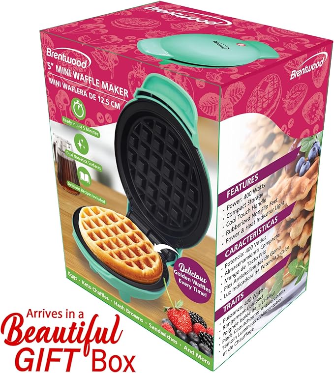 Brentwood 5” Non-Stick Mini Maker for Waffles, Keto Chaffles, Hash Browns, and More (Blue)