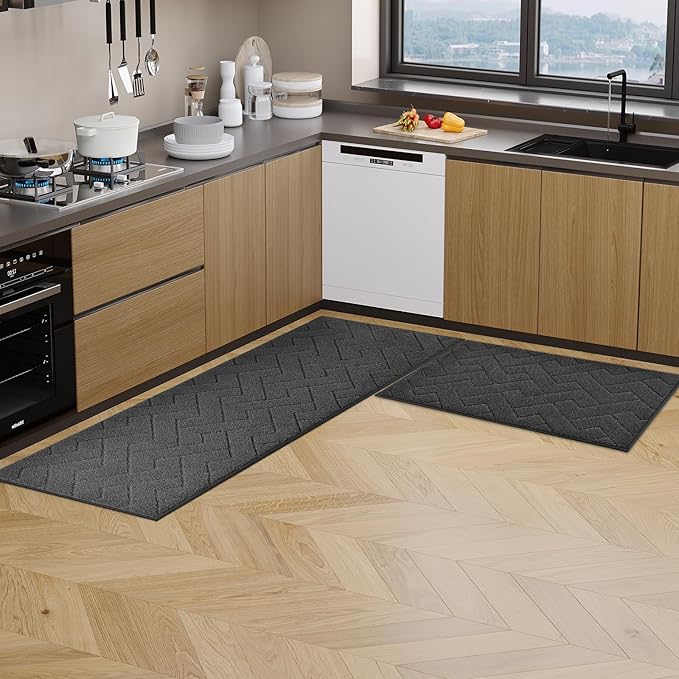 Machine Washable Kitchen Rugs Set (24" x 36"+24" x 60"), Non-Slip Kitchen Runner Rugs Mats for Floor, Absorbent Comfort Standing Mats for Kitchen, Sink and Hallway, Rolled Packaging, Charcoal