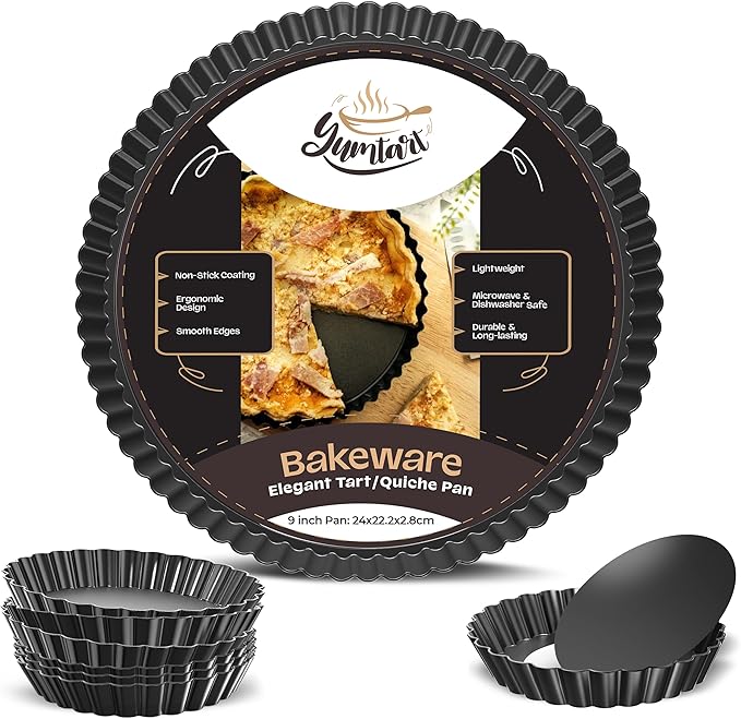 YUMTART Bundle Pack 9" and 4" Mini Tart and Quiche Pan Combo, False Bottom, Deep Fluted Tart and Quiche with Removable Bottom - Non-Stick
