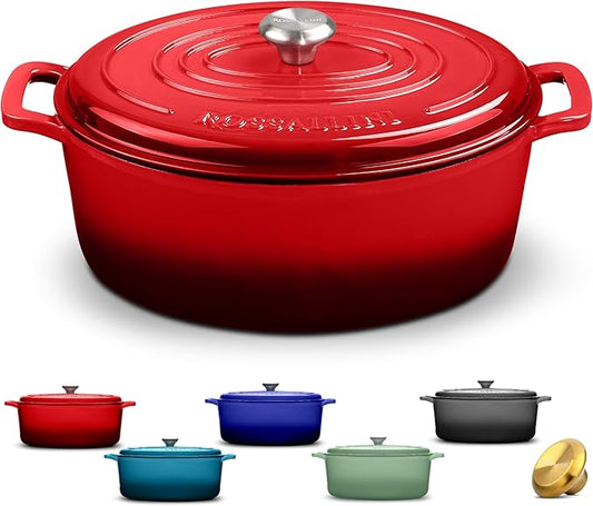 ROSSALLINI Signature Enameled Cast Iron Oval Dutch Oven | Non-Stick Serving Pot with Tight Fitting Lid for Perfect Roasting, Baking, Sauteing, and Bread Making | 8Q [Red]