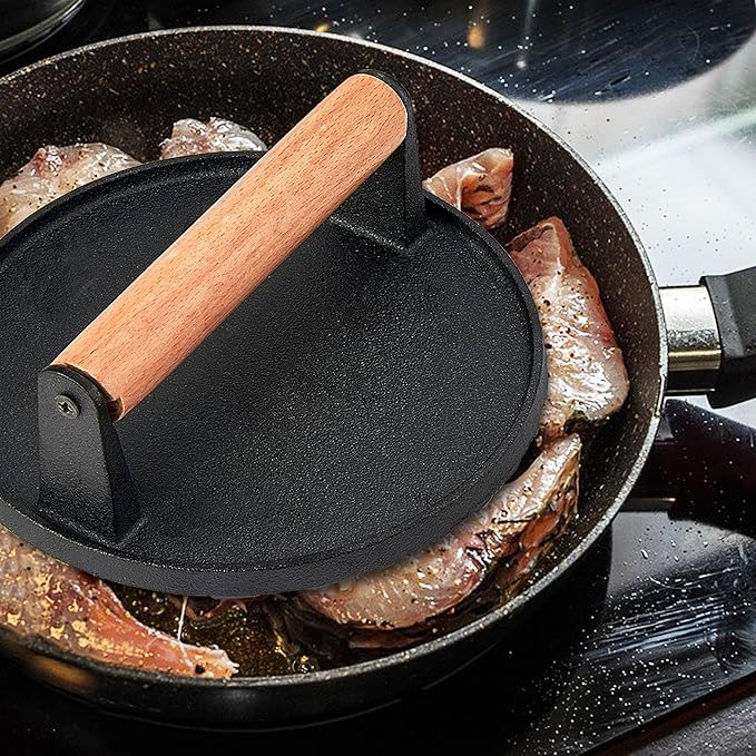 7 Inch Cast Iron Burger Press, Leonyo Smash Burger Press Weight, Heavy-Duty Hamburger Smasher Tool Griddle Accessories Kit for Cooking Bacon Steak Sandwich, Outdoor BBQ Grill - Round