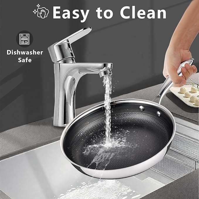 SAKAMOSH 9.5" Non Stick Frying Pans, Stainless Steel Pan, Ceramic Skillet with Stay-Cool Handle, Non Toxic, PFAS PFOA PTFE Free, Dishwasher Safe, Induction, Compatible with All Cooktops