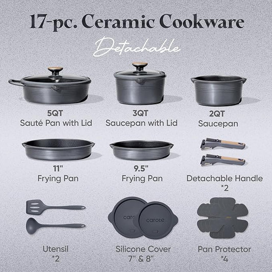 CAROTE 17Pcs Titanium Pots and Pans Set, Cookware Set Nonstick, Kitchen Cooking Set with Detachable Handle, RV/Camping Cookware, Dishwasher/Oven Safe, Grey