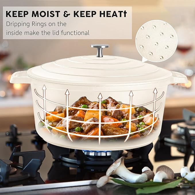 INSETFY Large Dutch Oven Pot with Lid-7.5QT Cast Aluminum Oven Pot with Two Handles Lightweight for Bread Baking Braising and Roasting(Beige)