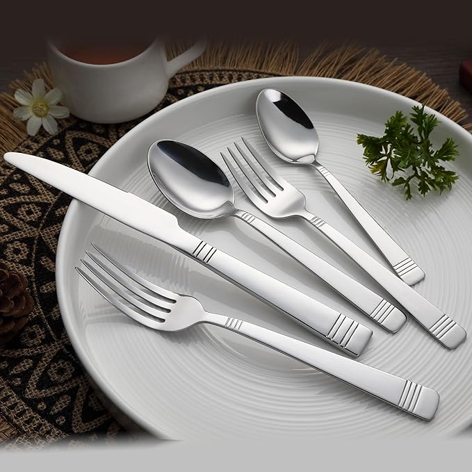 Amazon Basics Silverware, 20-Piece Stainless Steel Flatware Set, Service for 4, Durable Silver Finish, Bistro