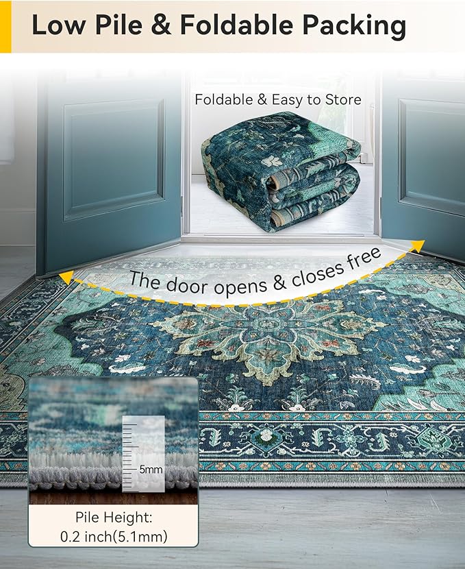 Area Rugs 2'x5' Runner Rug Non Slip Washable for Kitchen Hallway Bedroom Beside Laundry Room Bathroom Rug, Floor Carpet, Teal Green Lake Blue Turquoise