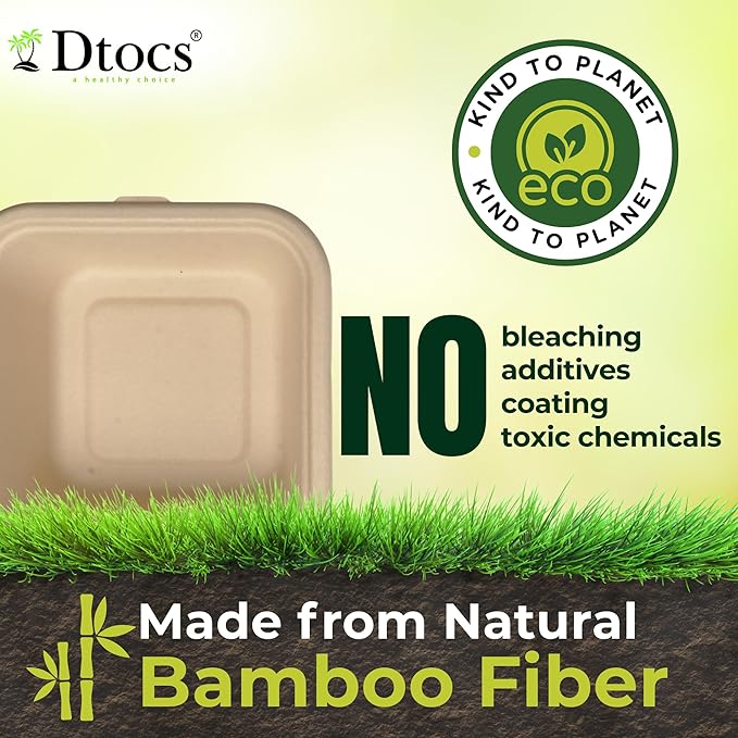 Dtocs Bamboo Fiber Disposable Bowls – 32 Oz, 50 Pk | Bamboo Square Bowl | Microwavable Bagasse Bowl like Soup, Cake, Salsa, Salad bowls | Disposable Dinnerware Sub Paper, Plastic, Styrofoam, Leaf