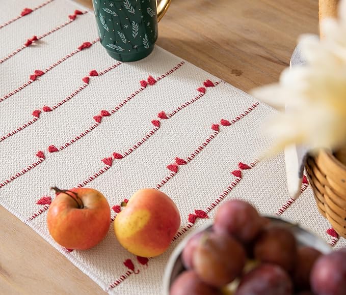 Caflife Christmas Valentines Table Runner 72 Inchs Long for Farmhouse Room Home Valentine's Day Decorations, Boho Red Table Runner, Natural Cotton Woven for Holiday Kitchen and Dining Table Decor