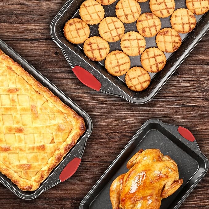Anveena 3-Piece Nonstick Kitchen Oven Baking Pans - Premium & Stylish Non-Stick Steel, Commercial Grade Restaurant Quality Metal Bakeware with Red Silicone Handles - Easy to Clean black