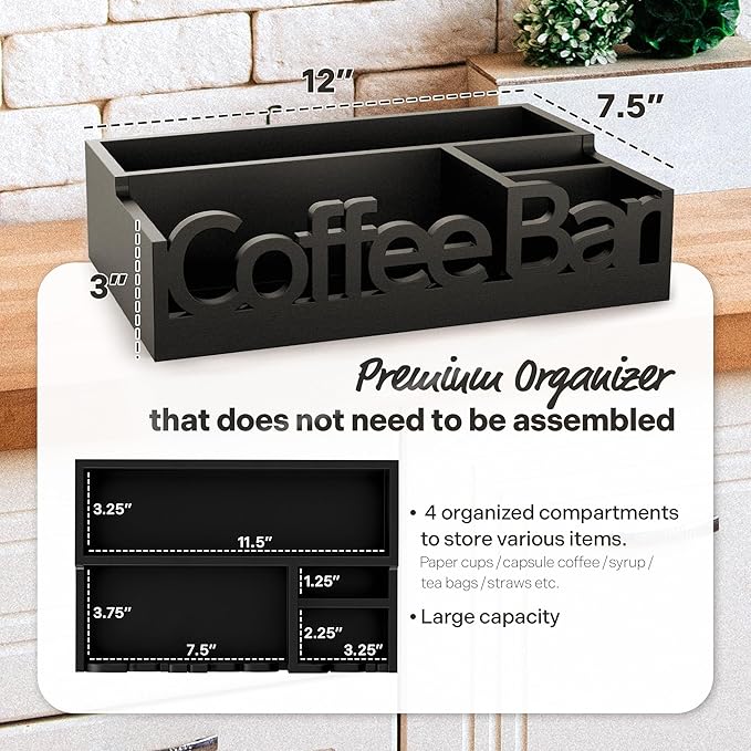Coffee Bar Organizer for Countertop – Wooden Coffee Caddy with Compartments for Pods, Sugar Packets, and Accessories – Coffee Condiment Station Storage for Home and Office (Black)
