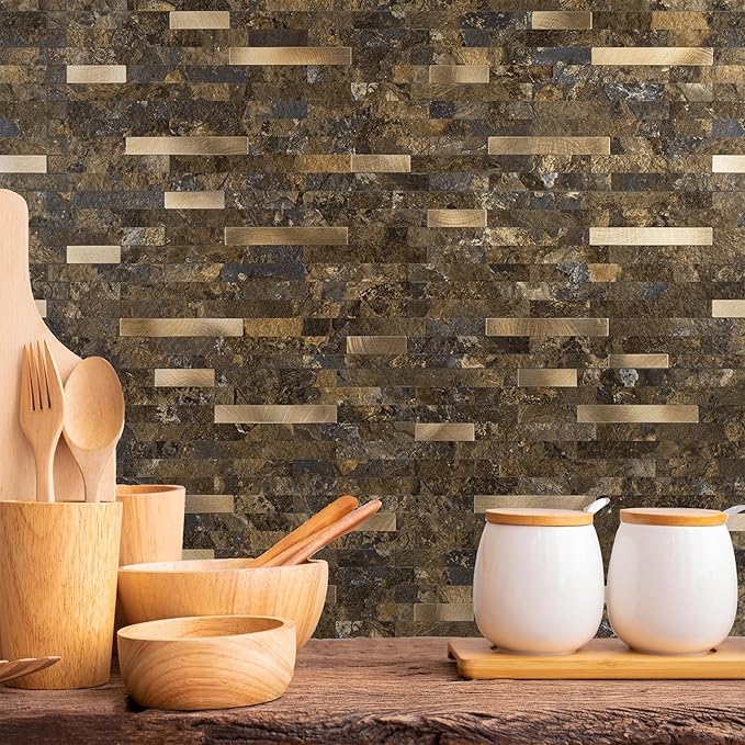 20 Sheets Peel and Stick Backsplash for Kitchen, Rust Slate with Metal Gold Look Stick on Tile Upgrade Your Kitchen Backsplash, RV, Fireplace