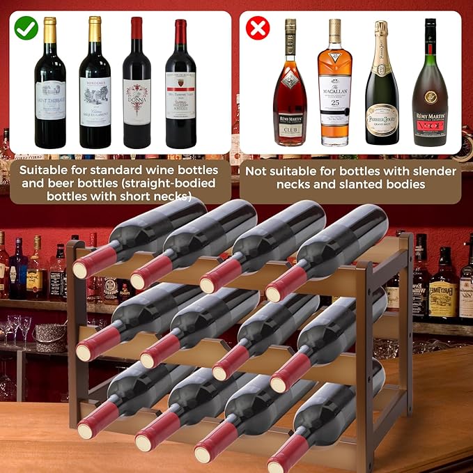 Janedream 3-Tier Bamboo Wine Rack for 12 Bottles, Easy-to-Assemble Countertop Wine Storage Shelf, Sturdy Tabletop Wine Holder for Kitchen, Inside Cabinet, Pantry, or Home Bar (3 Tier)