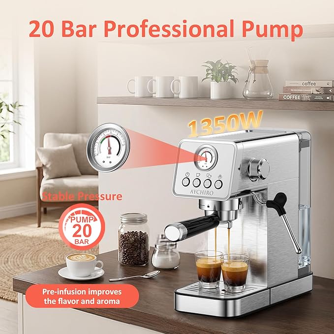 AYCHIRO 20 Bar Espresso Machine, Adjustable Espresso Machine with Milk Frother, Espresso Maker with Removable Water Tank, Compact Size for Home & Office, Cup Warmer for Home Barista