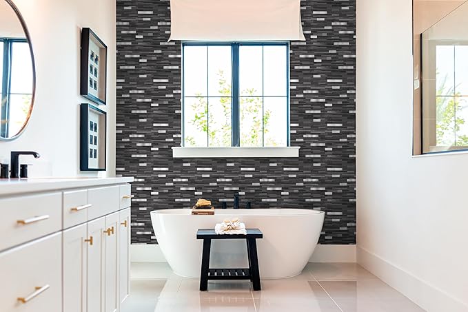 Yipscazo 10 Sheets Peel and Stick Stone Metal Backsplash, PVC Wall Tiles Stick on Tiles for Backsplash Kitchen, Bathroom, Fireplace (6'' X 12'', Black Wood)