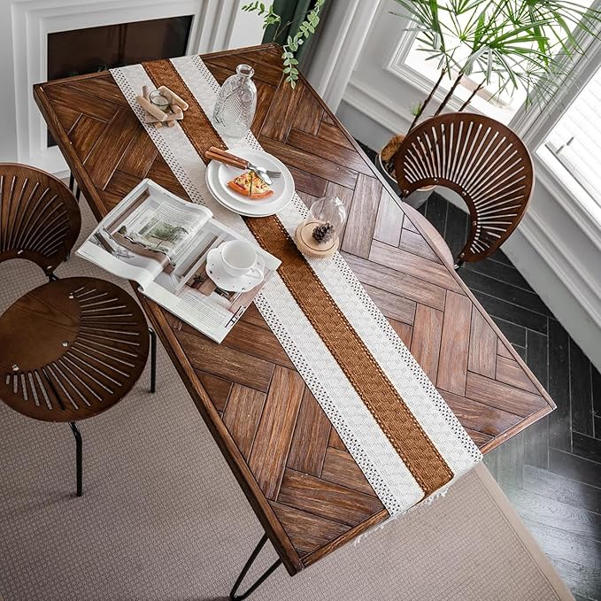 Alynsehom Macrame Table Runner Cream Beige and Caramel Boho Table Runners with Tassels Hand Woven Cotton Table Runner Rustic Farmhouse Table Runners for Bohemian Kitchen Dining Table(12x48in)