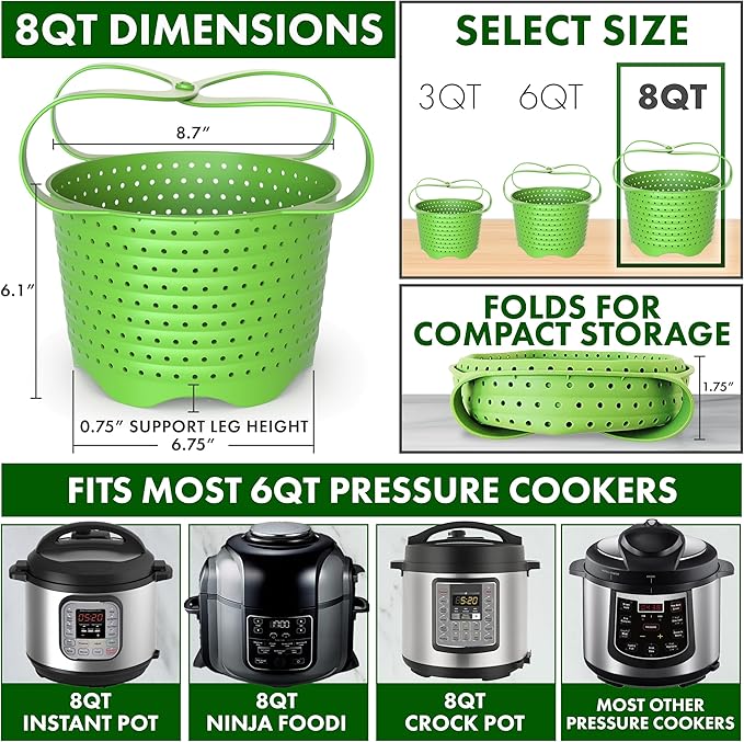 Avokado Silicone Steamer Basket for 8qt Instant Pot [3qt, 6qt avail], Ninja Foodi, Other Pressure Cookers - 100% Food Safe, BPA-Free, Dishwasher Safe Collapsible Vegetable Steamer Basket & Strainer