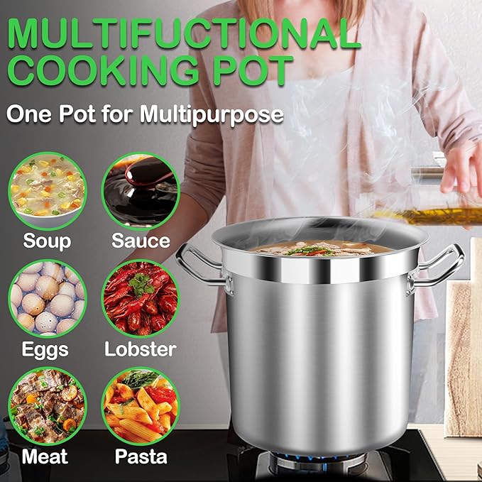 STOCKPOT Stainless Steel 20 Quart Stockpot with Tempered Glass Lid, 3-Ply Base, 8.8 lbs, Polished Finish, Suitable for Stovetop and Oven