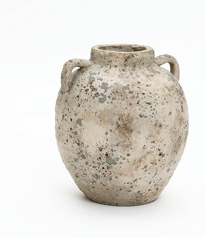 LuxenHome Rustic Antiqued Ceramic Vase, 12'' Tall Round Bouquet Terracotta Vase, Farmhouse Vase for Shelf Dining Table Decor, Vintage Boho Pottery for Living Room Decor, Home Décor Accents