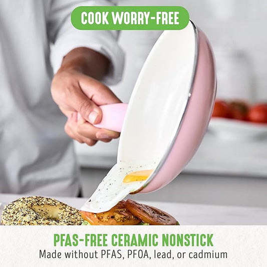 GreenLife Non Stick Fry Pan Set (7" & 10"), Non-Toxic PFAS-Free Ceramic Skillets, Dishwasher & Oven Safe, Egg Omelet Frying Pans, Stay- Cool Handles, Kitchen Home Cooking Essentials, Pink