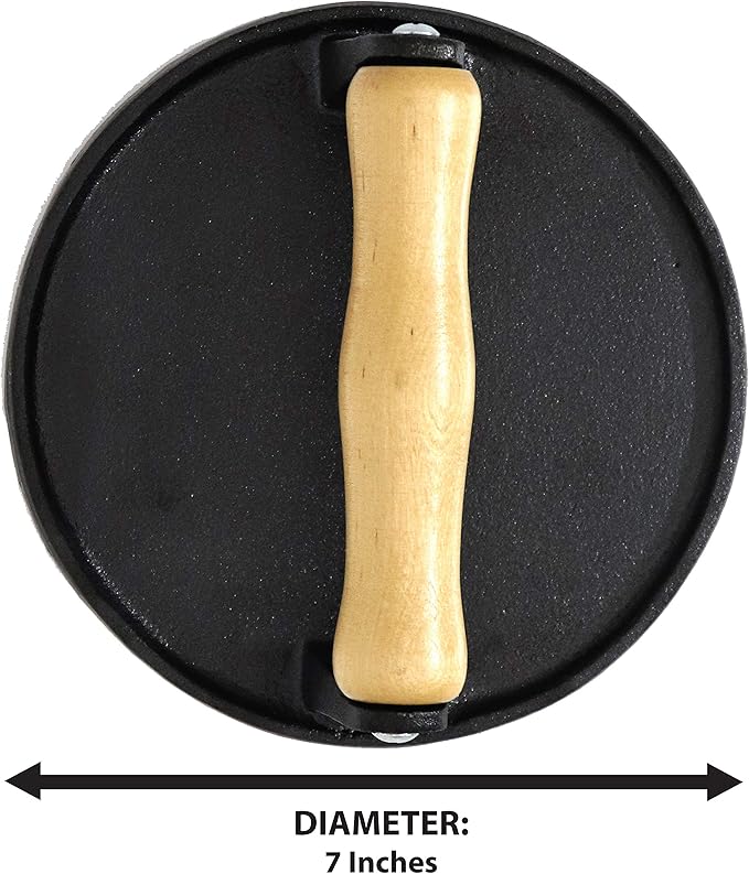 Radicaln Burger Press Round 7 Inches Diameter Heavy Cast Iron Bacon Press with Wooden Handle for Kitchen & Commercial Grade - Pre Seasoned Sandwich & Grill Press - Quesadillas, Hamburgers & Steaks