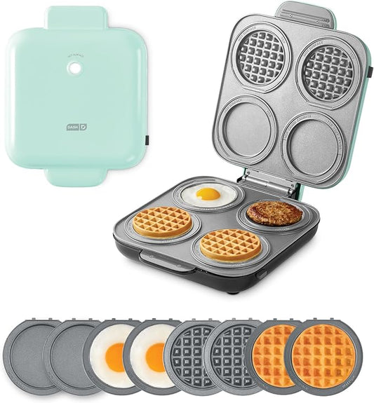Dash MultiMaker® Family Mini Maker System - Dual Ceramic Nonstick Cooking Surfaces - Built-In Cord Wrap - Makes 4-Inch Waffles - Aqua, 8 Plates