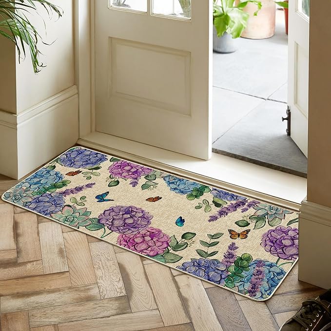 Spring Kitchen Rug and Mat Set of 2 Hydrangea Flowers Floor Mat Non Slip Rubber Backing Low-Profile Kitchen Rugs for Floor Summer Kitchen Decor for Home Bath Office- 17x29 and 17x47 Inch