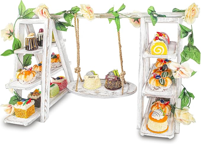 Wooden 3 Tier Cupcake Stand with Swing and Flower Decoration Serving Removable Tray Display Serving Ladder Foldable Stand with Serving Platter Tray Party Food Display Set for Cake Snack Fruit Chips Bread Centerpieces Catering