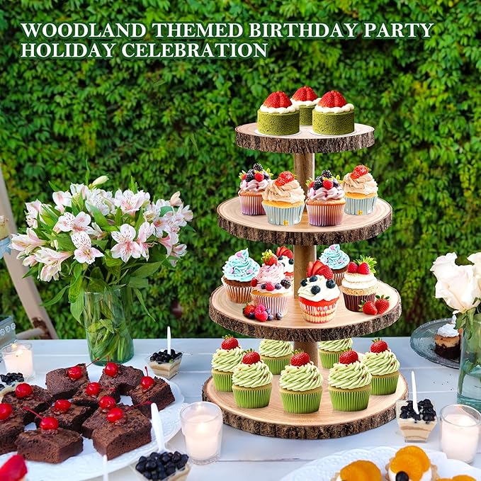 Cupcake Stand Wood Dessert Stands 4 Tier Cupcake Tower Large Cupcake Display Stand Rustic Cupcake Tier Stand for Woodland Baby Shower Decorations/Wedding/Birthday/Party/Farmhouse Decor
