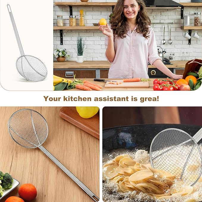 2 Pack 18-Inch Wire Skimmer Nickel Plated Wire Mesh Strainer with Long Handle Round Frying Spoon Cooking Oil Strainer for Kitchen Fried Food