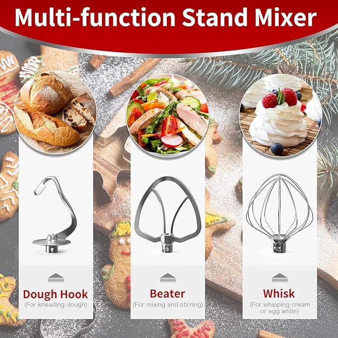Stand Mixer 9 IN 1, 850W Tilt-Head Multifunctional Electric Mixer with 8 QT Stainless Steel Bowl, 1.5L Glass Jar, Meat Grinder, Hook, Whisk, Beater Dishwasher Safe (Red)