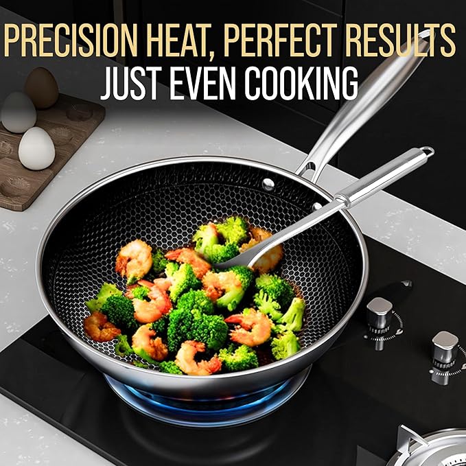 MUGAA Woks & Stir-Fry Pans Nonstick 11" Stainless Steel Wok Pan with Lid | Tri-Ply Honeycomb Hybrid Stir Fry Pan | Induction & Oven Safe | Dishwasher Safe