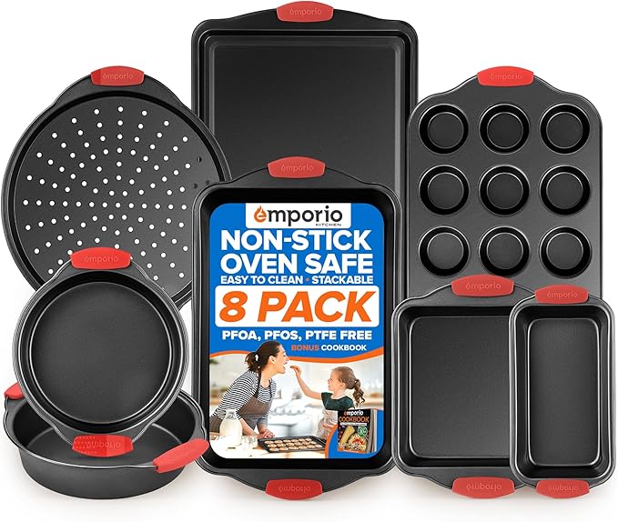 Emporio Kitchen Baking Pan Set - Nonstick Coating, Carbon Steel Bakeware Set with Red Silicone Handles, PFOA, PFOS, PTFE Free, Recipe Booklet Included, Oven Safe Tray (Up To 450° F), Set of 8 - Black