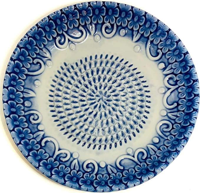 All-in-one Premium Ceramic Garlic Grater Plate 4-Piece Set - Blue Embossed Design and Style - For Garlic, Ginger, Chocolate, and more! - Comes with 5.25" Plate, Peeler, Brush, and Stand