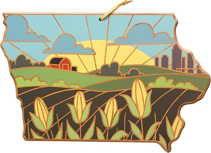 Totally Bamboo Iowa State Shaped Cutting Board and Charcuterie Serving Platter with Artwork by Summer Stokes, Includes Hang Tie for Wall Display
