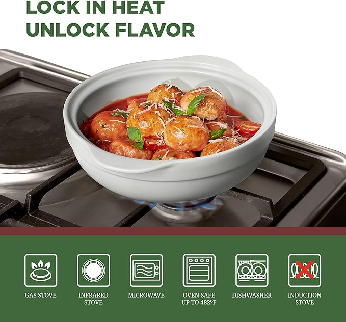 MINH LONG 1-Qt Porcelain Dutch Oven with Lid – Lead & Cadmium Free, Oven Safe to 482°F, Heat Retention, Clay Pot for Cooking on Gas & Infrared Cooktop, Use to Marinate, Cook, Bake, Refrigerate & Serve