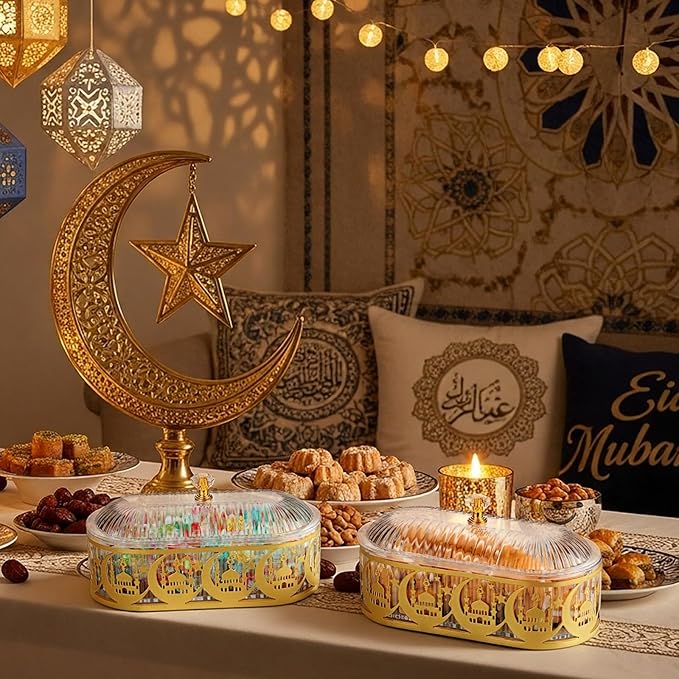 2 Pcs Ramadan Trays with Lid Eid Mubarak Gold Plates Dishes Table Decoration Muslim Islamic Serving Trays Metal Dessert Storage Container for Celebration (Ramadan Moon)