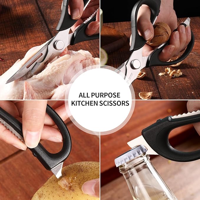 Kitchen Scissors All Purpose Kitchen Shears Come Apart,Stainless Steel Utility Scissors with Comfort Grip,Heavy Duty Poultry Shears for Chicken,Meat,Fish,Dishwash Safe (BLACK)