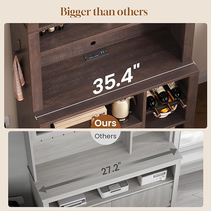 Itaar 73" Tall Arched Bakers Rack with Power Outlet and LED Light, Farmhouse Coffee Bar Cabinet, Kitchen Microwave Stand with Storage for Kitchen, Dining Room, Living Room, Brown