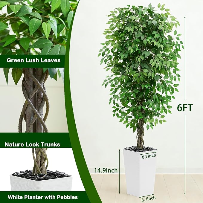 Artificial Ficus Tree 6FT Faux Plants Indoor Tall Fake Plants with White Planter, Green Lifelike Lush Fake Ficus Tree for Home Living Room Bedroom Outdoor Balcony House Office Decor