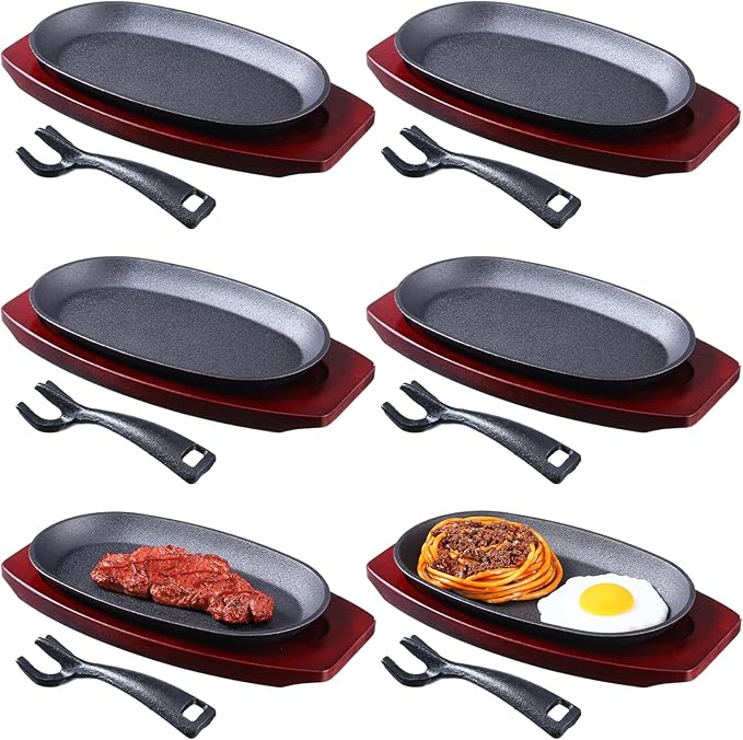 6 Pieces Oval Cast Iron Fajita Skillet Pan Set Small Sizzling Steak Plate with Wooden Base and Handle Cast Iron Fajita Skillet Sizzling Plate for Home Restaurant Barbecue Wedding Valentine's Day
