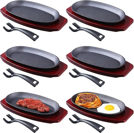 6 Pieces Oval Cast Iron Fajita Skillet Pan Set Small Sizzling Steak Plate with Wooden Base and Handle Cast Iron Fajita Skillet Sizzling Plate for Home Restaurant Barbecue Wedding Valentine's Day