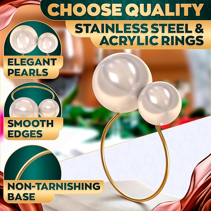 Gold Pearl Napkin Rings Set of 12 – Easter Napkin Rings | Easter Table Decor with Faux Pearls | Reusable, Metal & Scratch-Resistant Finish - for Weddings, Banquets, Holiday Easter Dinner & Gift Giving