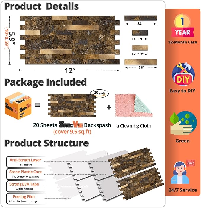 20 Sheets Peel and Stick Backsplash for Kitchen, Rust Slate with Metal Gold Look Stick on Tile Upgrade Your Kitchen Backsplash, RV, Fireplace