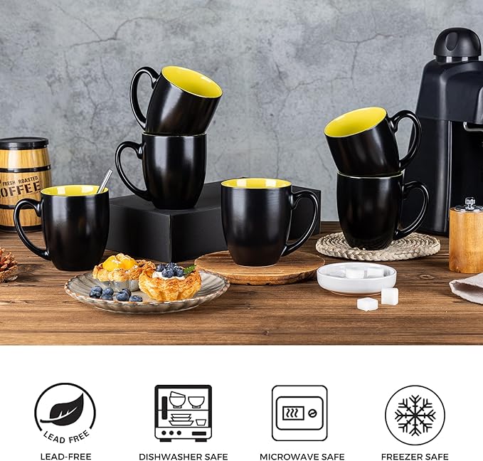 GBhome 12oz Coffee Mugs Set of 6, Large Ceramic Coffee Mugs for Man, Woman, Dad, Mom, Modern Coffee Mugs Set with handle for Tea/Latte/Cappuccino/Milk/Cocoa. Dishwasher&Microwave Safe,Yellow