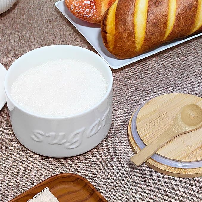 Sugar Bowl with Lid and Spoon, 16 OZ Airtight Sugar Container for Coffee Bar, Farmhouse Ceramic Jar, Sugar Holder Coffee Bar Accessories for Countertop, White
