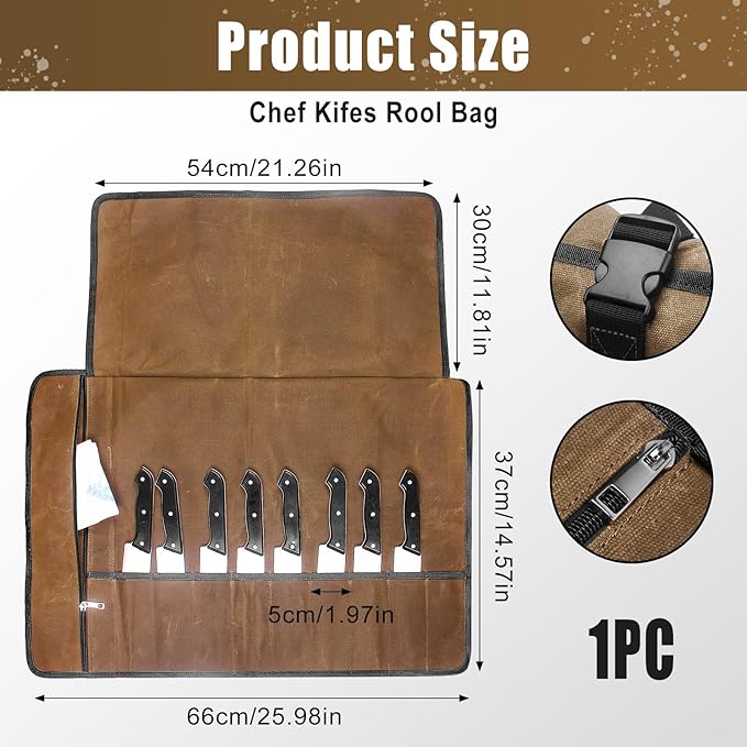 Chef Knife Roll Bag,Waxed Canvas Knife Travel Case,Heavy Duty Professional Knife Carrier Storage Holder with 10 Slots,Portable Kitchen Culinary Tool Organizer for Men,Fits up to 18.8” Knives.Khaki